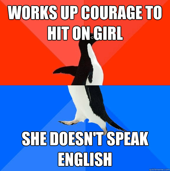 Works up courage to hit on girl she doesn't speak English  Socially Awesome Awkward Penguin