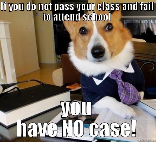 attendance for school - IF YOU DO NOT PASS YOUR CLASS AND FAIL TO ATTEND SCHOOL YOU HAVE NO CASE! Lawyer Dog