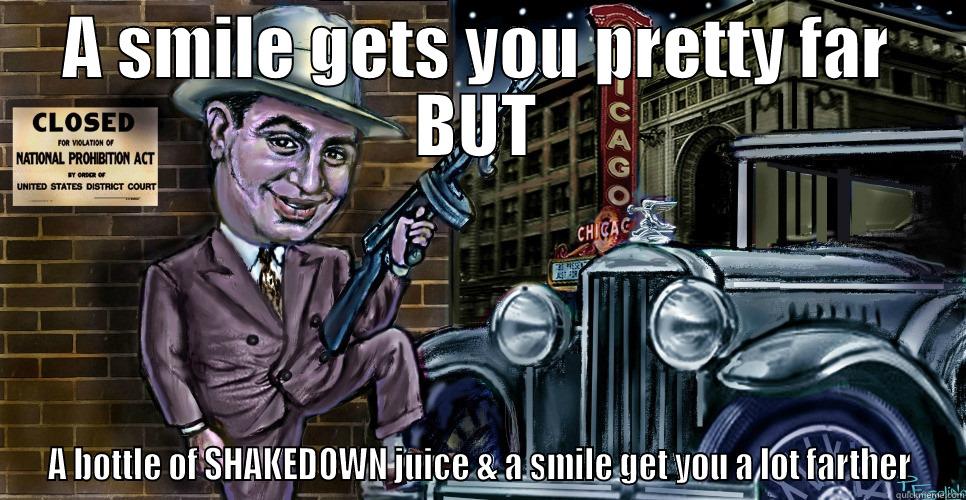 A SMILE GETS YOU PRETTY FAR BUT A BOTTLE OF SHAKEDOWN JUICE & A SMILE GET YOU A LOT FARTHER Misc