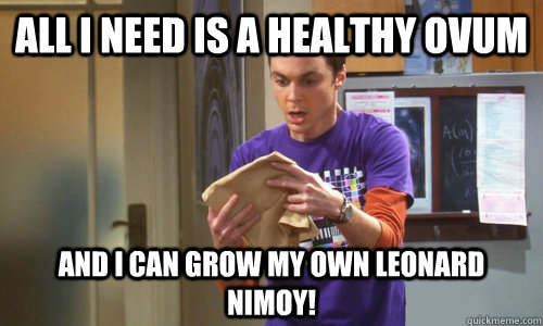 all i need is a healthy ovum and i can grow my own leonard nimoy!  Sheldon Cooper Panic Attack