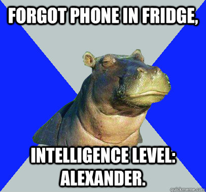 Forgot phone in fridge, Intelligence level: Alexander. - Forgot phone in fridge, Intelligence level: Alexander.  Skeptical Hippo