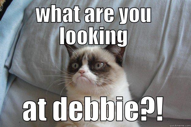 debbie get my a slice of pizza - WHAT ARE YOU LOOKING AT DEBBIE?! Grumpy Cat