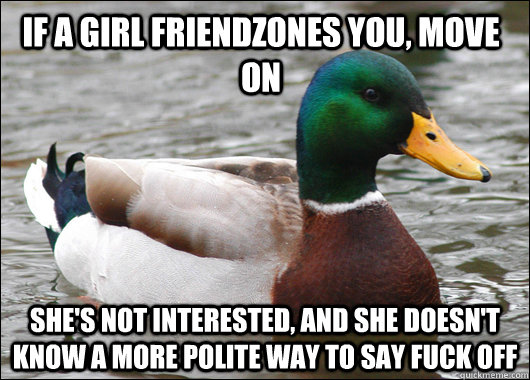 If a girl friendzones you, move on She's not interested, and she doesn't know a more polite way to say fuck off - If a girl friendzones you, move on She's not interested, and she doesn't know a more polite way to say fuck off  Actual Advice Mallard