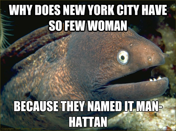 Why does New york city have so few woman Because they named it Man-hattan - Why does New york city have so few woman Because they named it Man-hattan  Bad Joke Eel