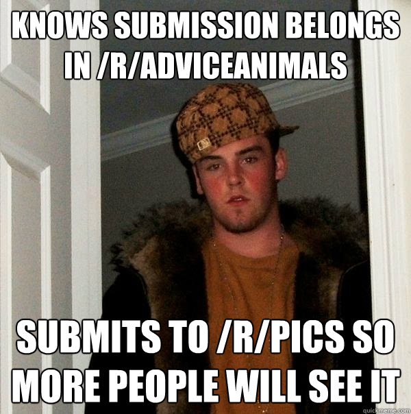 Knows submission belongs in /r/adviceanimals submits to /r/pics so more people will see it  Scumbag Steve