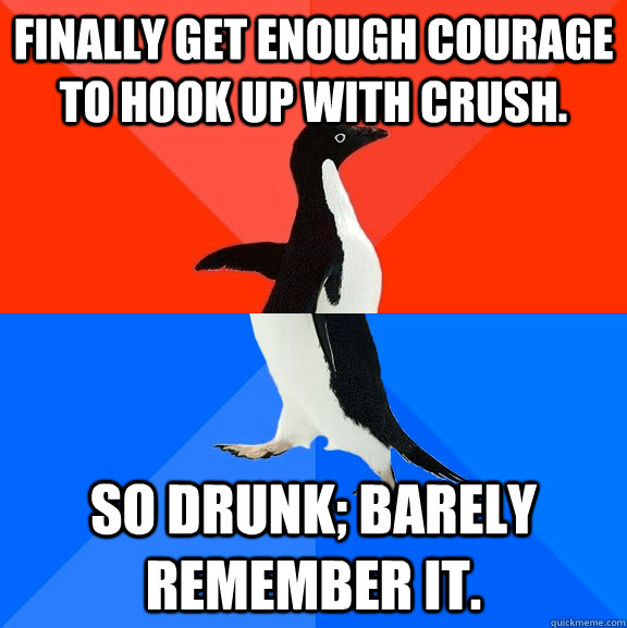 Finally get enough courage to hook up with crush. So drunk; barely remember it.  Socially Awesome Awkward Penguin