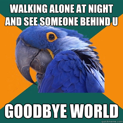 Walking alone at night and see someone behind u goodbye world  Paranoid Parrot