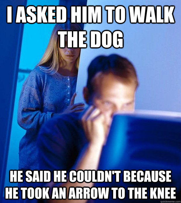 I asked him to walk the dog he said he couldn't because he took an arrow to the knee - I asked him to walk the dog he said he couldn't because he took an arrow to the knee  Internet Husband