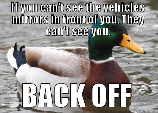 IF YOU CAN'T SEE THE VEHICLES MIRRORS IN FRONT OF YOU. THEY CAN'T SEE YOU. BACK OFF Actual Advice Mallard