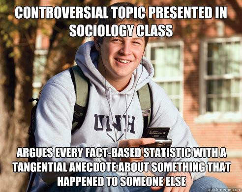 Controversial topic presented in Sociology class Argues every fact-based statistic with a tangential anecdote about something that happened to someone else - Controversial topic presented in Sociology class Argues every fact-based statistic with a tangential anecdote about something that happened to someone else  College Freshman
