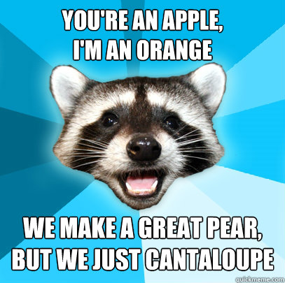 You're an apple,
I'm an orange we make a great pear,
but we just cantaloupe   Lame Pun Coon