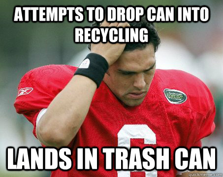 attempts to drop can into recycling lands in trash can  Off The Mark Sanchez