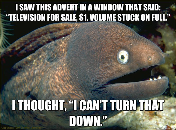 I saw this advert in a window that said: “Television for sale, $1, volume stuck on full.”  I thought, “I can’t turn that down.”  Bad Joke Eel