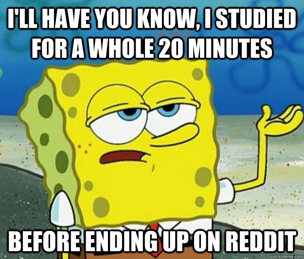 I'll have you know, I studied for a whole 20 minutes before ending up on reddit - I'll have you know, I studied for a whole 20 minutes before ending up on reddit  Tough Spongebob