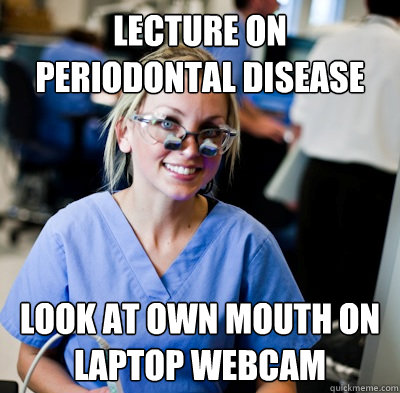 lecture on periodontal disease look at own mouth on laptop webcam - lecture on periodontal disease look at own mouth on laptop webcam  overworked dental student