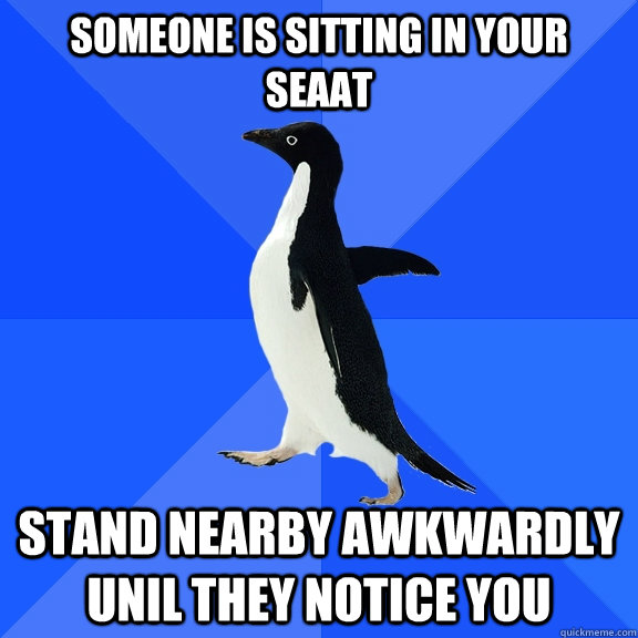 someone is sitting in your seaat stand nearby awkwardly unil they notice you  Socially Awkward Penguin