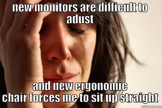 NEW MONITORS ARE DIFFICULT TO ADUST AND NEW ERGONOMIC CHAIR FORCES ME TO SIT UP STRAIGHT First World Problems