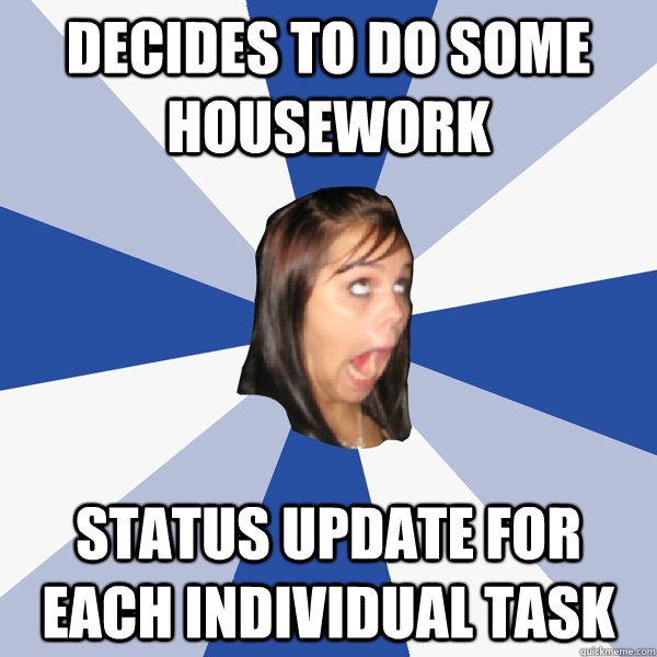 decides to do some housework status update for each individual task  Annoying Facebook Girl