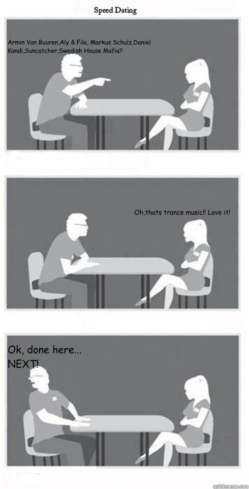 Armin Van Buuren,Aly & Fila, Markus Schulz,Daniel Kandi,Suncatcher,Swedish House Mafia? Oh,thats trance music!! Love it! Ok, done here... NEXT!  Speed Dating
