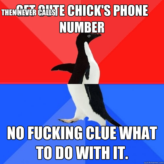 Get cute chick's Phone number No fucking clue what to do with it. then never calls  Socially Awksome Penguin