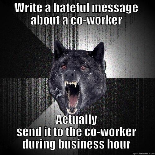 WRITE A HATEFUL MESSAGE ABOUT A CO-WORKER ACTUALLY SEND IT TO THE CO-WORKER DURING BUSINESS HOUR Insanity Wolf