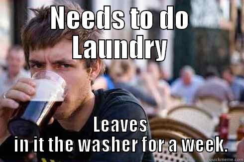 Laundry meme - NEEDS TO DO LAUNDRY LEAVES IN IT THE WASHER FOR A WEEK. Lazy College Senior