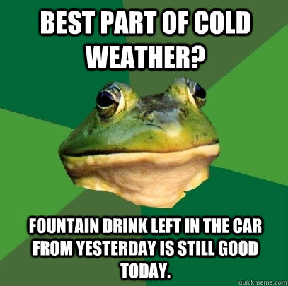Best part of cold weather? Fountain drink left in the car from yesterday is still good today.  Foul Bachelor Frog