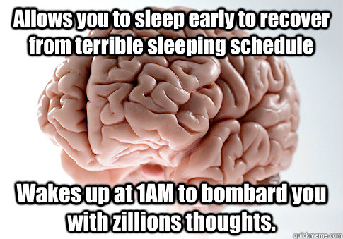 Allows you to sleep early to recover from terrible sleeping schedule Wakes up at 1AM to bombard you with zillions thoughts.   Scumbag Brain