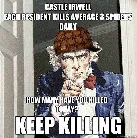 Castle Irwell 
Each resident kills average 3 spiders daily 
 keep killing
 How many have you killed today?  Scumbag Uncle Sam