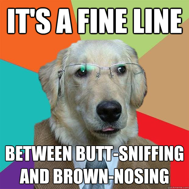 it's a fine line between butt-sniffing and brown-nosing  Business Dog