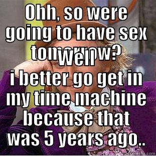 OHH, SO WERE GOING TO HAVE SEX TOMORROW? WELL I BETTER GO GET IN MY TIME MACHINE BECAUSE THAT WAS 5 YEARS AGO.. Condescending Wonka