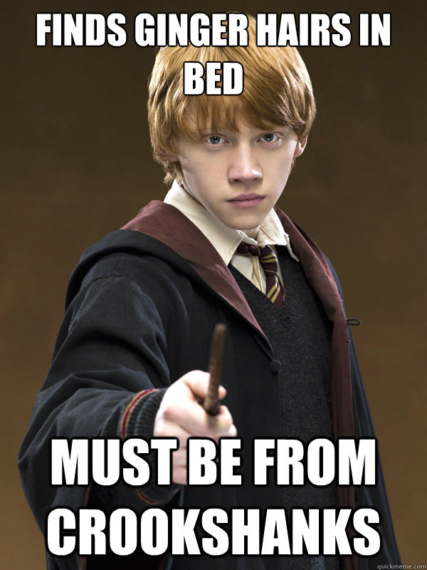 Finds ginger hairs in bed must be from crookshanks - Finds ginger hairs in bed must be from crookshanks  Ron Weasley