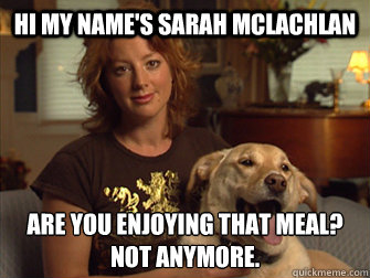 Hi my name's Sarah Mclachlan are you enjoying that meal?
not anymore.  Sarah Mclachlan