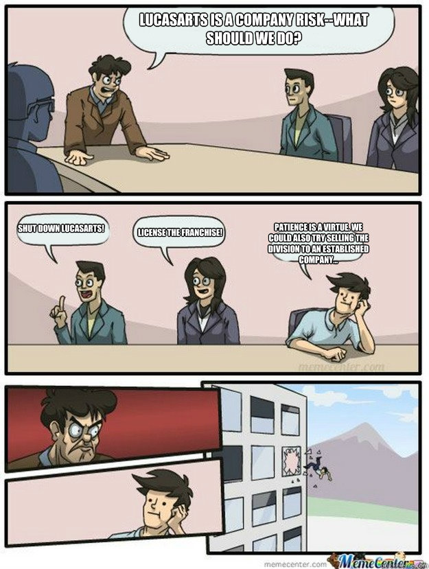 LucasArts is a company risk--What should we do? shut Down lucasarts! License the franchise! Patience is a virtue. We could also try selling the division to an established company... - LucasArts is a company risk--What should we do? shut Down lucasarts! License the franchise! Patience is a virtue. We could also try selling the division to an established company...  Thrown out of the window