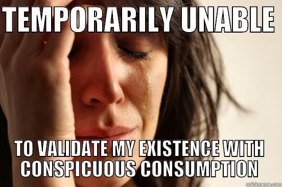 TEMPORARILY UNABLE  TO VALIDATE MY EXISTENCE WITH CONSPICUOUS CONSUMPTION First World Problems