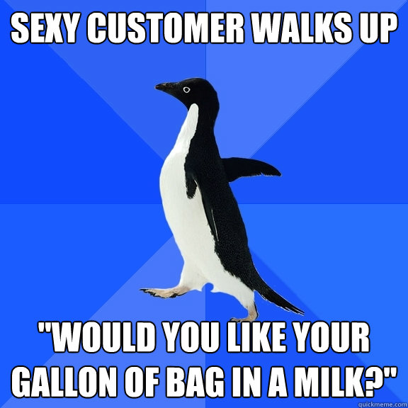Sexy customer walks up  