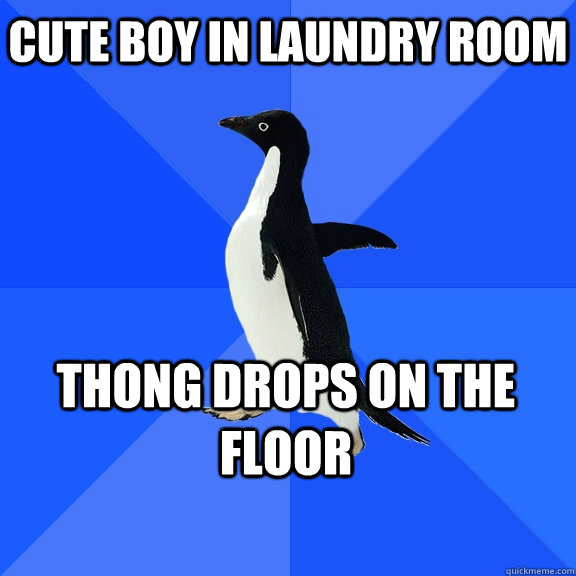 Cute boy in laundry room thong drops on the floor   - Cute boy in laundry room thong drops on the floor    Socially Awkward Penguin