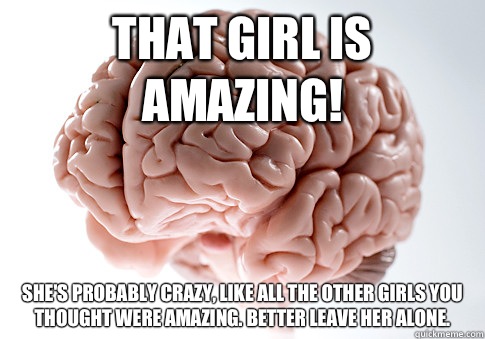 That girl is amazing! She's probably crazy, like all the other girls you thought were amazing. Better leave her alone.  Scumbag Brain