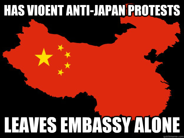 Has vioent anti-Japan protests leaves embassy alone  