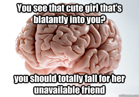 You see that cute girl that's blatantly into you? you should totally fall for her unavailable friend   Scumbag Brain