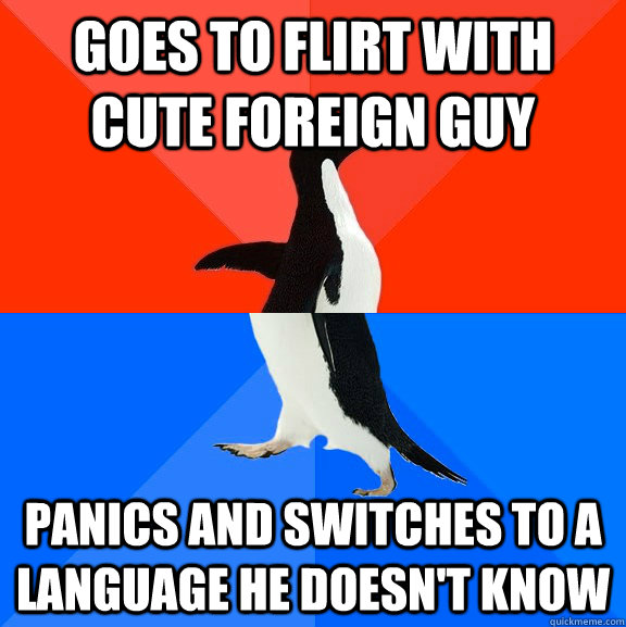 Goes to flirt with cute foreign guy Panics and switches to a language he doesn't know  Socially Awesome Awkward Penguin