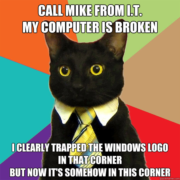 call Mike from i.t.
my computer is broken i clearly trapped the windows logo 
in that corner 
but now it's somehow in this corner  Business Cat