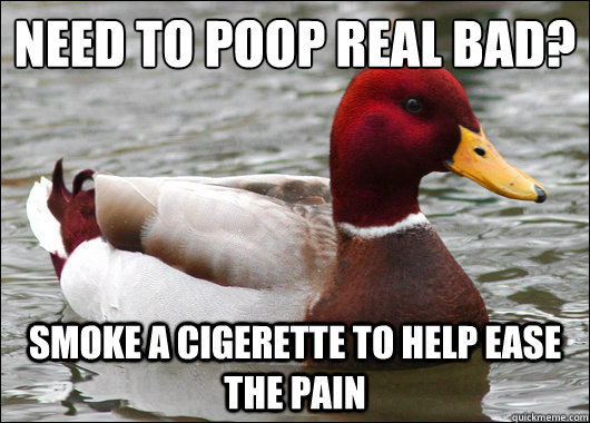 Need to poop real bad?
 Smoke a cigerette to help ease the pain  Malicious Advice Mallard