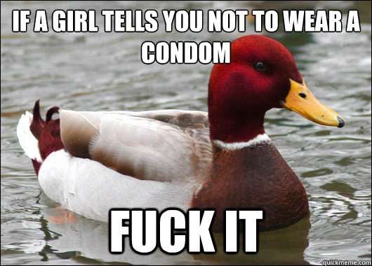 If a girl tells you not to wear a condom
 Fuck it  Malicious Advice Mallard