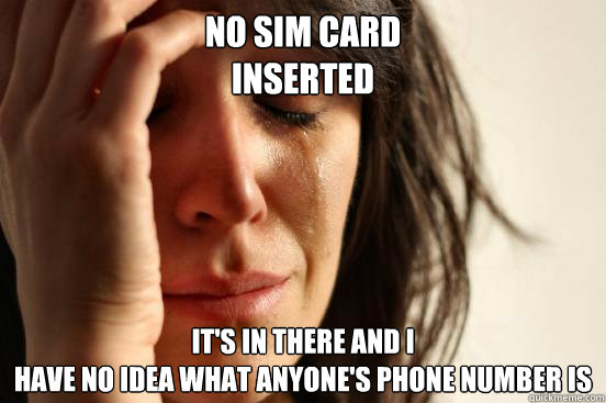 No Sim card
inserted It's in there and I 
have no idea what anyone's phone number is  First World Problems