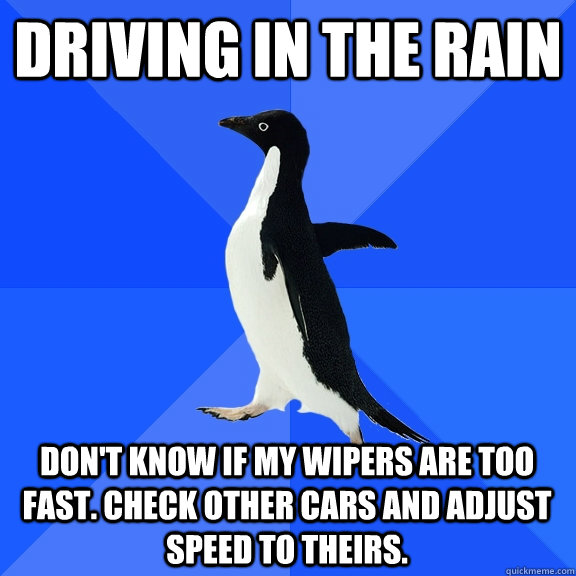 Driving in the rain don't know if my wipers are too fast. check other cars and adjust speed to theirs.  Socially Awkward Penguin