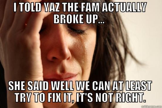 I TOLD YAZ THE FAM ACTUALLY BROKE UP...  SHE SAID WELL WE CAN AT LEAST TRY TO FIX IT, IT'S NOT RIGHT. First World Problems