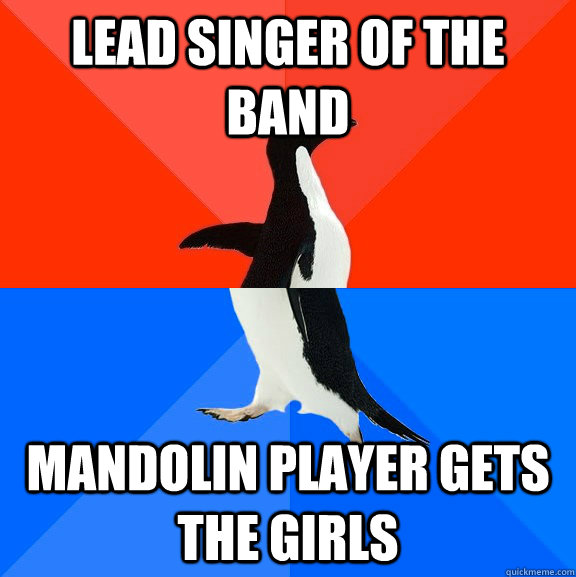 Lead singer of the band mandolin player gets the girls  Socially Awesome Awkward Penguin