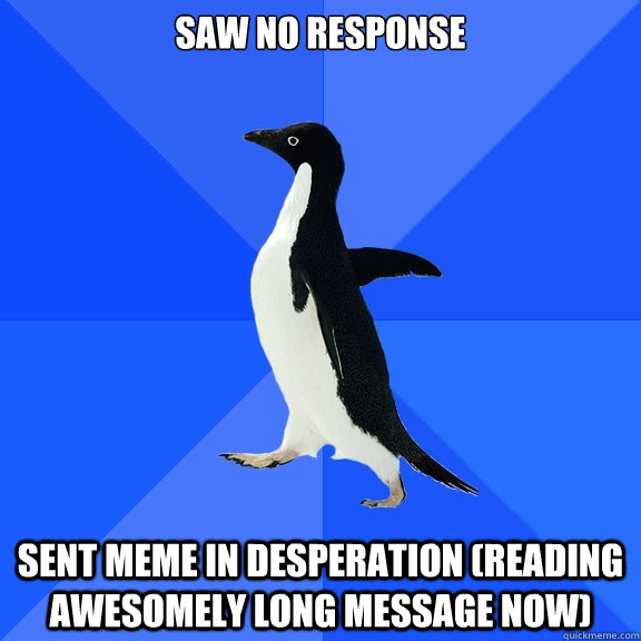 Saw no response sent meme in desperation (reading awesomely long message now)  Socially Awkward Penguin