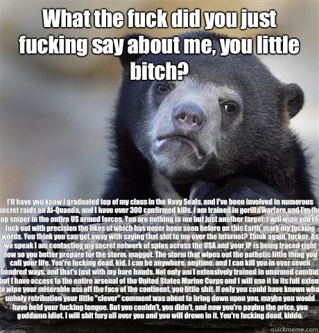 What the fuck did you just fucking say about me, you little bitch? I'll have you know I graduated top of my class in the Navy Seals, and I've been involved in numerous secret raids on Al-Quaeda, and I have over 300 confirmed kills. I am trained in gorilla  Confession Bear